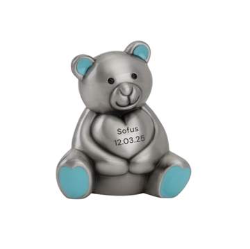 Sparebøsse bamse, blå - fortinnet med navn